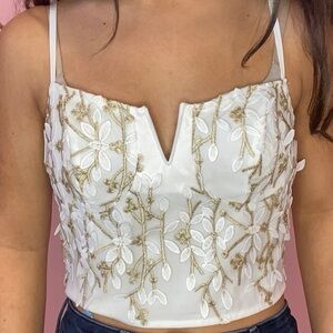 Simply hux Elegant White and Gold Floral Embroidered Women's crop‎ top